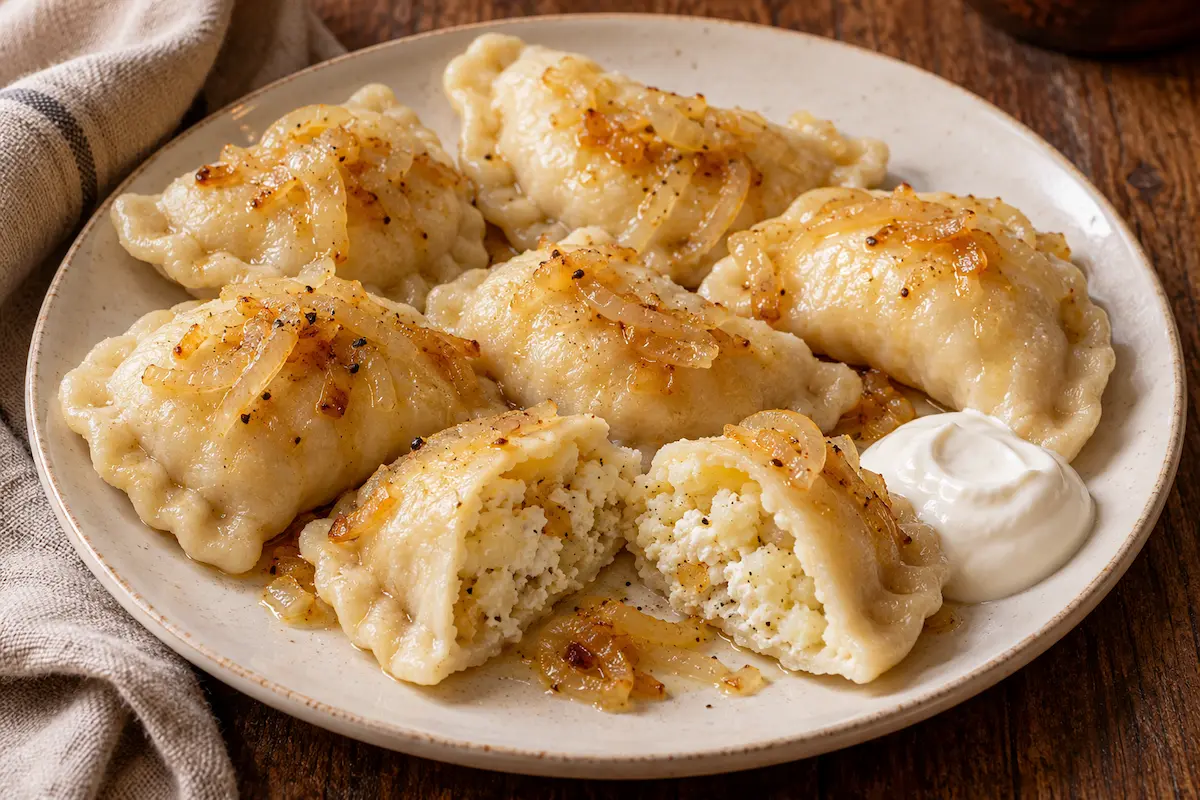 Potato and cheese pierogi topped with golden buttered onions and served with sour cream